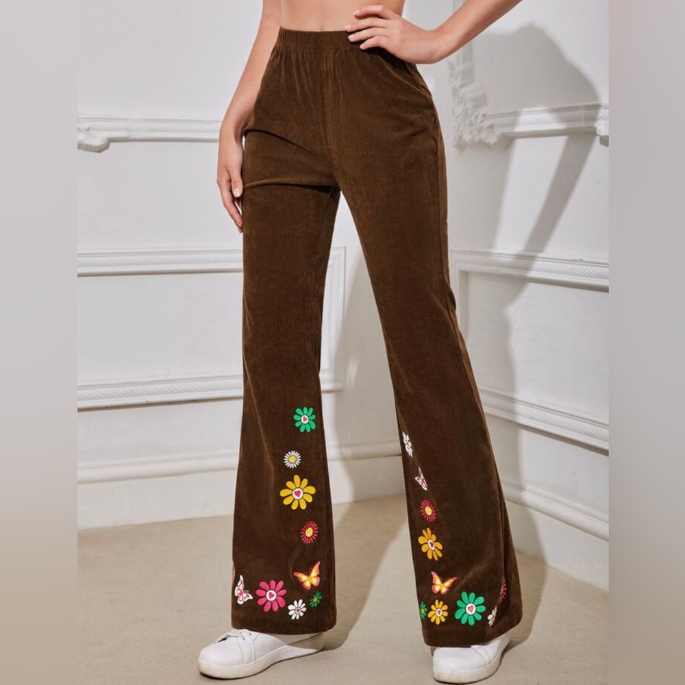 Butterfly and Floral Brown Corduroy Flare Pants
